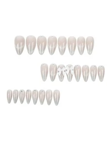 Add A Touch Of Romance With 48pcs Medium Almond Classic Simple French Style Romantic Purple Gentle Gilding Aurora Butterfly Pattern&Multicolor Rainbow Color Glassy Laser Sequin Decot,Gradient Green Elegant Cat Eye Bow-Knot Full Cover Fake Press On Nail Kit Will Give Your Look A Sweet Suitable For Daily And Dateing