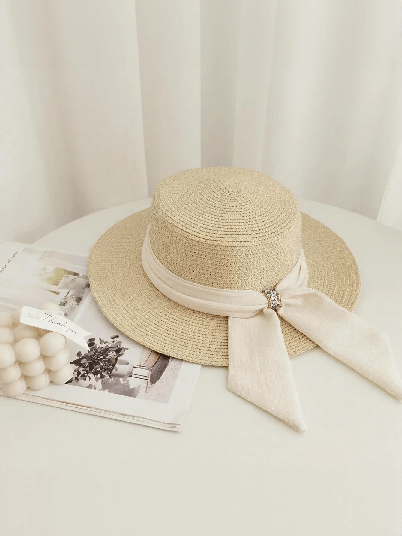 1 件女士宽边草帽，带蝴蝶结，平顶海滩遮阳帽 - 米色 - 查看 1