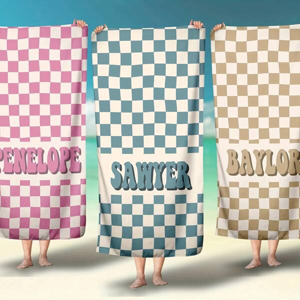Personalized Beach Towel - Customized Name Plaid Retro Design, Lightweight Microfiber, 330gsm Fabric Weight, Large Size For Beach, Pool, Travel - Vivid Color And Modern Style, Brushed Beach Towel, Swimming Pool Essential, Funny Pattern, Soft Texture