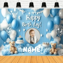 1pc Customizable 1st Birthday Party Photo Backdrop Banner - Durable Polyester With Blue Balloons & Teddy Bear Design, Suitable For Indoor/Outdoor Celebrations, Anniversaries, Multi-Sizes Available - Multicolor - View 2
