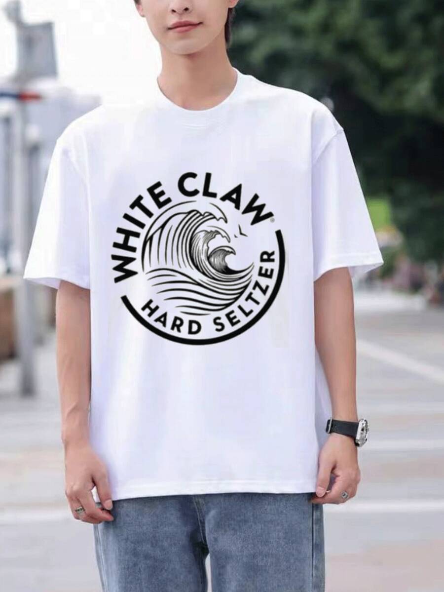 Men's "White Claw" Pattern T-Shirt-Hard Selter Design, 100% Cotton, Round Neck, Short Sleeve, Breathable And Comfortable, Suitable For Summer Casual Wear - White - View 1
