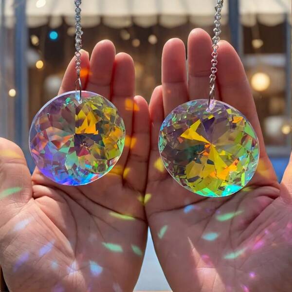 2pcs Circular Crystal Solar Catchers, A Suspended Solar Catcher With Glass Prisms, And Rainbow Catchers (Two Circles) For Window, Balcony, Kitchen And Garden Decoration