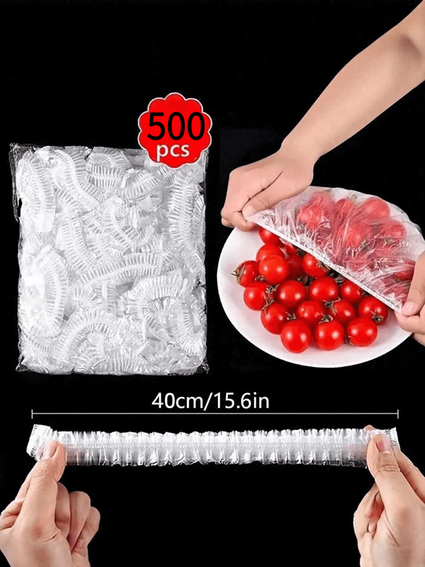 500/200/100-Pack Disposable Plastic Wrap & Shower Cap Set - Elastic Bowl Covers, Tear-Resistant Transparent PE Stretch Film - Ideal For Leftovers, Kitchen Storage & Bathroom Use - Essential For Daily Home & Party!