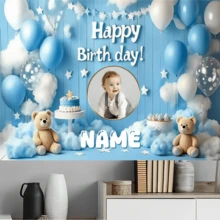 1pc Customizable 1st Birthday Party Photo Backdrop Banner - Durable Polyester With Blue Balloons & Teddy Bear Design, Suitable For Indoor/Outdoor Celebrations, Anniversaries, Multi-Sizes Available - Multicolor - View 5