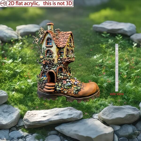 2D Flat, 1pc Shoe-Shaped Fairytale Castle Garden Decor, Plastic Outdoor Ground Stake For Potted Plants & Gardens, Boho Style Garden Accessory, Perfect Thanksgiving Gift, Tabletop & Terrarium Ornament, Vibrant Garden Decor With Intricate Details, Fairytale Garden Accessory, 2D Flat