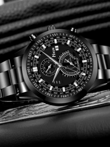 2 件男士休闲时尚钱包 + 时尚石英腕表礼品套装，周年纪念、生日、父亲节的理想礼物 - 黑色套裝4 - 查看 9