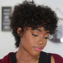 Elegant Afro Kinky Curly Wig For Woman, Glueless Human Hair With Bangs,180%Density, Rose Net Cap, Everyday Look | Chic Style | Remy Human Hair - 自然色&黑色系 - 查看 5