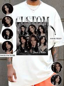 Customization Personalized Men's Comfortable Casual Loose Fit T-Shirt. Custom Girlfriend Face Photo Vintage Shirts, Custom Your Own Bootleg Rap Tee Graphic Wife Husband Tee Anniversary Gift,Valentine's Day Gift (Selfie/Family Photo/Friend Photo/Party/Team/ Boyfriend/Girlfriend/Couple Matching/ Workwear) - 白色 - 查看 1