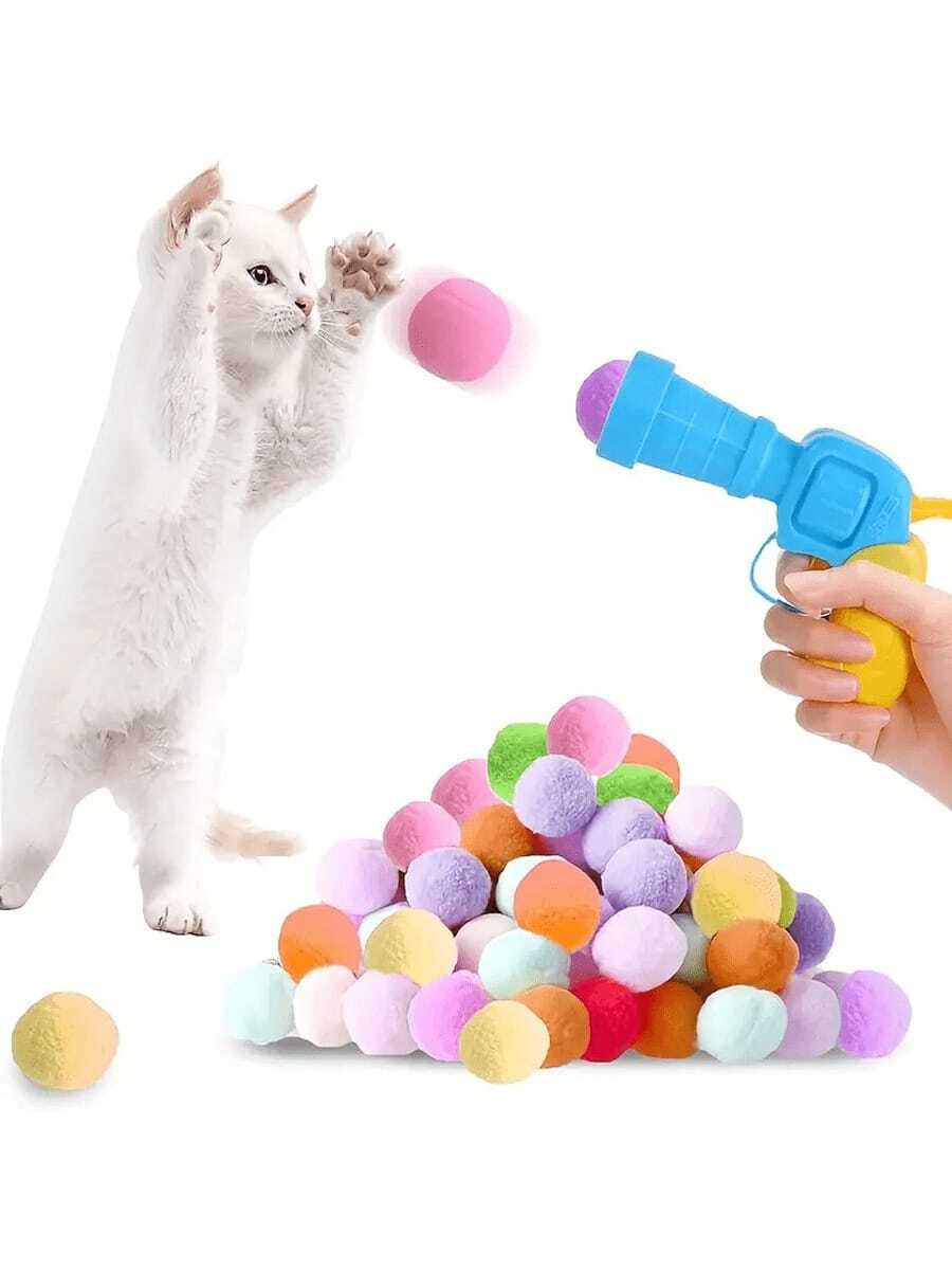 Juego interactivo de lanzador de pelotas para gatos, con un lanzador y 20/50 bolas de fieltro. Adecuado para gatos de interior, es un juguete deportivo para gatos que promueve el amor y la confianza entre el dueño y el gato. El color es aleatorio.