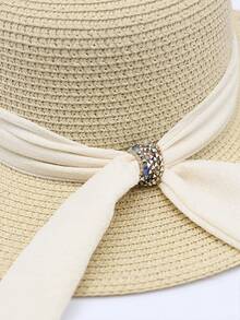 1 件女士宽边草帽，带蝴蝶结，平顶海滩遮阳帽 - 米色 - 查看 3