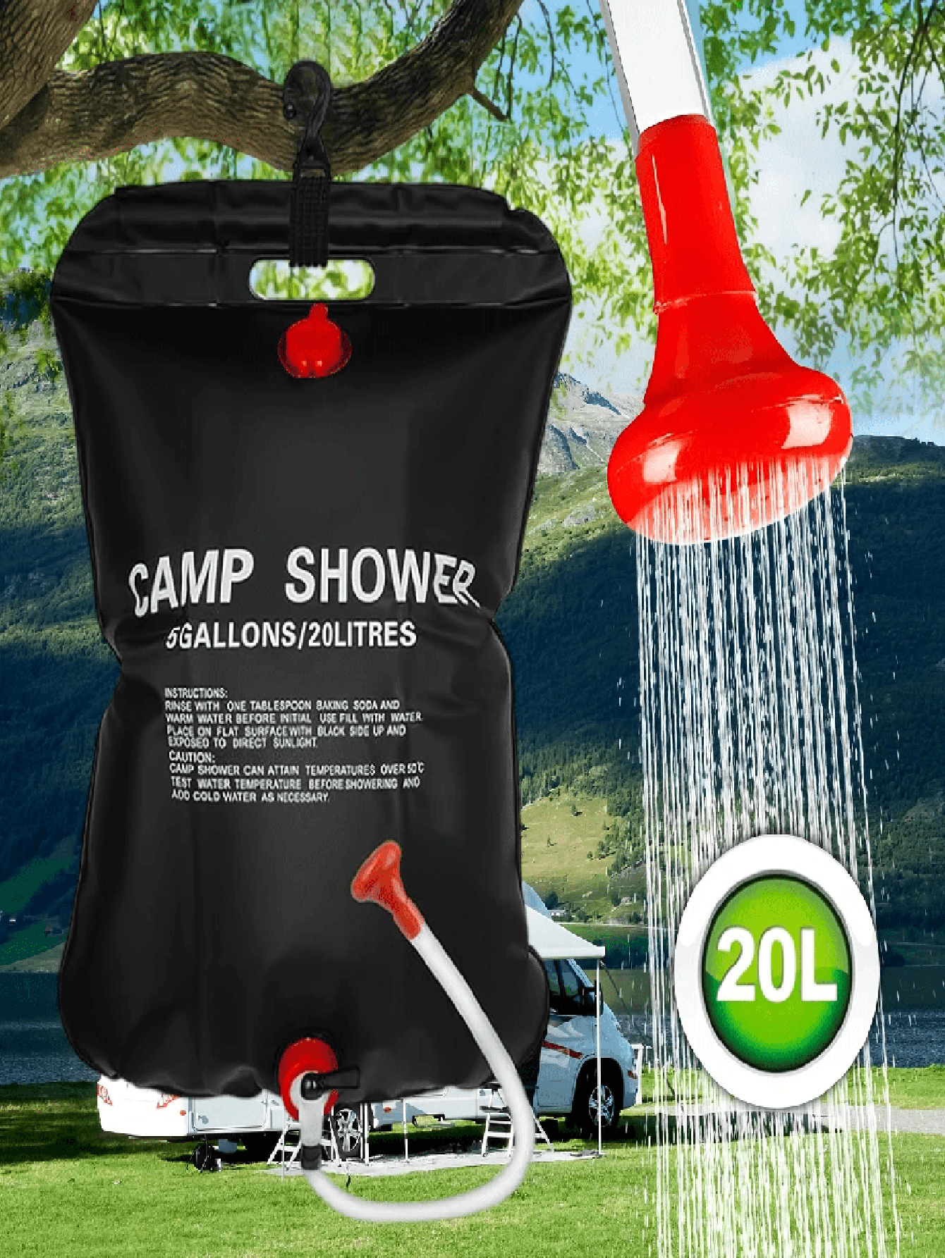 5 Gallonen/20 Liter tragbare Campingdusche Tasche mit abnehmbarem Schlauch & einstellbarem Duschkopf, essentiell für Camping Outdoor, Wandern, Reisen, Strandurlaub, Körperpflege