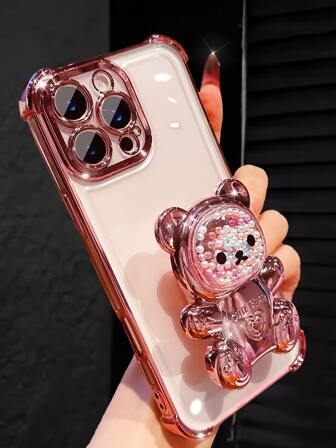 奢华电镀透明粉色手机壳，带创意蝴蝶支架，水钻闪光 Y2k 风格，防摔，防掉落，夏季新款时尚硅胶防震保护软壳，兼容 16 16e 15 14 13 12 11 X XS XR 8 7 Plus Pro Max Mini、Samgsung Galaxy S24 S25 Ultra、兼容小米 Redmi、兼容华为 Honor OPPO Reno MOTO Infinix Women 2025