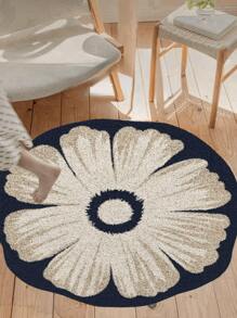 1pc Premium Round Cream Floral Rug, Asymmetrical Shape Carpet For Living Room, Bedroom, Sofa, Coffee Table, Vanity, Soft & Comfortable, Lightweight & Easy To Clean, Home Decor