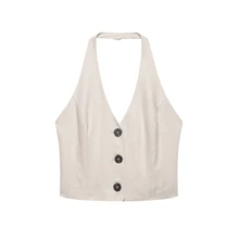 DEEKA 春夏新款女装时尚休闲简约亚麻露背无袖上衣+系腰半裙套装 - 杏色 - 查看 9