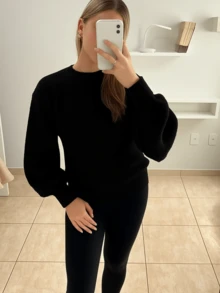 BLUSA FEMININA INVERNO TRICÔ MANGA LONGA BALÃO MODERNA LUXO DESPOJADA - Preto - Visão 2