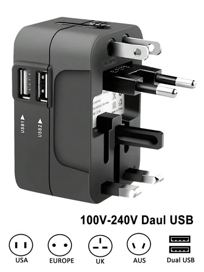 1 个旅行通用适配器，双 USB 端口，美国 A 型插头（110-127V），电脑电源适配器，电涌保护，适用于 150 多个国家的一体式壁式充电器，旅行必备，适用于笔记本电脑、平板电脑、智能手机