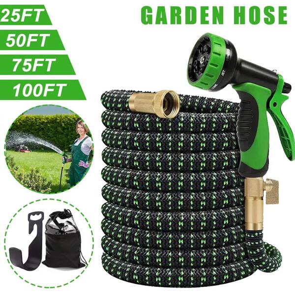 100ft Heavy-Duty Garden Rubber Hose With 10 Spray Nozzles - Flexible, Lightweight, Expandable Water Hose For Yard, Lawn, Car Wash & Outdoor Use, Black, Car Washing Hose, Yard Watering, Sleek Hose Design, Durable Water Flow