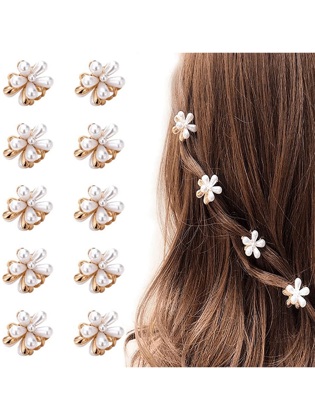 10 Pcs Small Mini Faux Pearl Claw Clips With Flower Design, Sweet Artificial Bangs Clips Decorative Hair Accessories For Women Girls Hair Jaw Clip Hair Clamps Hair Clutch Hair Claw Clip Elegant Hair Claw Fashion Hair Clips Fall Winter For Vacation Outfits Woman Summer Beach Holiday Essential, Travel, Festival, Party - Multicolor - View 1