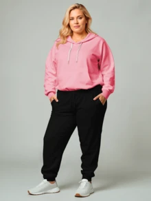 Women's Plus Size  Sweatshirt Set Casual Cold Weather Coat With Hood & Plain Pocket Basic Stylish Winter Tracksuit Long Sleeve Cold Weather Top And Pants - Baby Pink - View 2