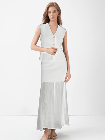  HZXVIC 女士优雅两件套 V 领无袖纽扣针织背心上衣拼接高腰侧拉链长裙