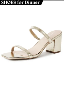 Women Double Strap Low Block Heel Mules – Square Toe Slip-On Minimalist Sandals For Spring Summer Bridesmaid Wedding Party Prom Date Night & Everyday Wear - Da thuần chay vàng - Xem 1