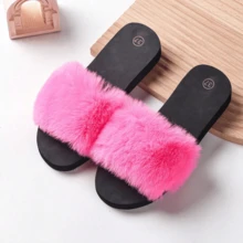 四季舒适，女士时尚毛绒拖鞋，蓬松装饰单带拖鞋春夏女士凉鞋，夏季可手洗织物鞋面和鞋垫，舒适家居鞋