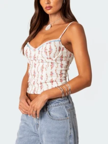 Womens Y2k Floral Cami Tank Tops Vintage Lace Trim Back Tie Up Spaghtti Strap Low Cut Slim Fit Camisole Crop Tops Summer Sexy Backless Sleeveless Vest Shirt Daily Casual Going Out Tops Aesthetic Clothes Party Club Beach Vacation Streetwear - 白色 - 查看 4
