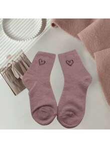 5 paires de chaussettes roses moelleuses pour femmes, chaussettes chaudes en forme de cœur, douces et confortables, convenant à l'automne et à l'hiver, couleurs aléatoires