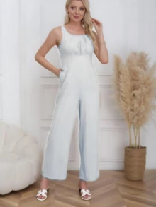 Mono de tirantes sin mangas para mujer, color liso, casual y de moda, elegante y cómodo. - Blanco - Ver 2