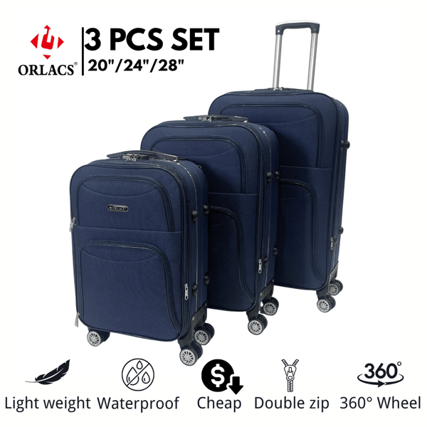 Equipaje ORLACS, Juego de maletas 20+24+28, Juego de tres piezas, Económico, Material de tejido de poliéster, Ligero, Cierre de seguridad, Expandible con doble cremallera, Gran capacidad de almacenamiento, Ruedas universales silenciosas de 360°, Duradero, Impermeable, Resistente al desgaste, Resistente a los arañazos, Marca europea, Diseño europeo, Artículo superior, Adecuado para viajes de negocios, Esencial para viajes de negocios, Viajes, Vacaciones, Cómodo para viajes familiares, Equipaje de mano para aerolíneas, Regalo especial, Adecuado para hombres y mujeres, Múltiples colores disponibles