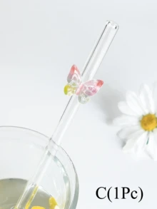 1/5 根耐热玻璃吸管，带蝴蝶/彩虹装饰，适合情人节/夏季必备，饮用果汁、奶茶、咖啡、冷饮，带水果装饰的弯曲吸管设计，学校用品，返校，送给女朋友/男朋友、父母、朋友的礼物 - 彩色 - 查看 9