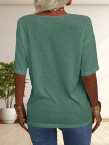 Women's Fashion V-Neck Half Sleeve Oversized T-Shirt Solid Casual Loose Basic Top - màu xanh lá - Xem 4