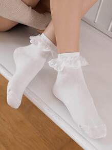 1 Paar Damen einfarbige Rüschen Saum elegant & süß weich bequem Lässig Knöchelsocken, essentiell für Zuhause & Reisen