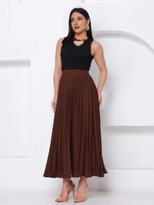 LXC Women's Pleated Skirt, Women's Vintage Midi Skirt, Elegant High Waist Long Skirt, Simple, Casual, Pleated, Office, Wedding - 鏽棕色 - 查看 3