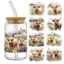 4pcs/Set Highland Cow Farm Theme UV DTF Transfer Stickers, Waterproof & Scratch-Resistant, Suitable For 16oz Glass Jars And DIY Projects, Transfer Stickers - Multicolor - View 1