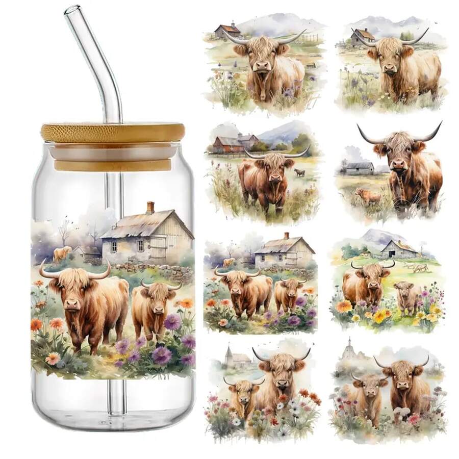 4pcs/Set Highland Cow Farm Theme UV DTF Transfer Stickers, Waterproof & Scratch-Resistant, Suitable For 16oz Glass Jars And DIY Projects, Transfer Stickers - Multicolor - View 1