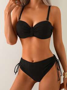 Women's 2 Pieces Bikini Set, Textured Fabric With Adjustable & Removable Straps, Tie-Side Bottom - Black - View 3