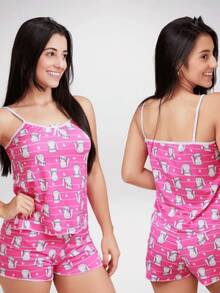 Pijama Baby Doll Estampado Short Malha Fria Linha Noite Feminino Adulto Confort Dormir Verão - Multicolorido - Visão 5