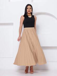 LXC Women's Pleated Skirt, Women's Vintage Midi Skirt, Elegant High Waist Long Skirt, Simple, Casual, Pleated, Office, Wedding - 米色 - 查看 2