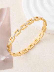 1/2 piezas Brazalete chapado en oro de 18K de acero inoxidable, decoración de cristal de cubo de azúcar de una/dos capas, brazalete de moda unisex, adecuado para uso diario, fiestas, vacaciones, diseño multifuncional para todas las estaciones - Dorado - Ver 3