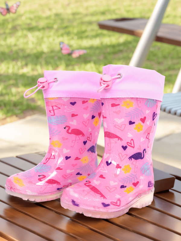 Mädchen Pink Flamingos Kinder Glitzer wasserdichte Stiefel Outdoor rutschfeste Regenschuhe Ganzjährig Komfortable wasserdichte Zugschnur Schnürregenschuhe