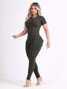 Women's Pants And Blouse Set Ribbed Knit Cotton Soft Short Sleeve Mid-Season Elegant - Army Green - View 8