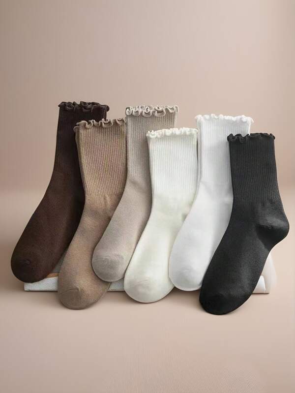 3/6 paires de chaussettes pour femmes, chaussettes d'été et d'automne, chaussettes blanches et noires, chaussettes à volants mignons