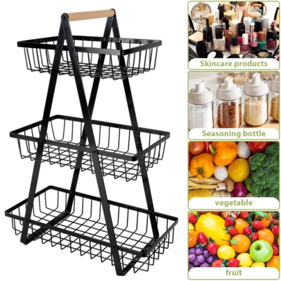 Lislark 3 Tier Fruit Basket Countertop Fruit Vegetable Basket Bowl With Wooden Handle Tiered Fruit Bowl Kitchen Organizer For Bread Vegetable Fruits Snack Produce Onion Potato