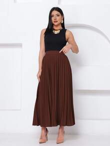 LXC Women's Pleated Skirt, Women's Vintage Midi Skirt, Elegant High Waist Long Skirt, Simple, Casual, Pleated, Office, Wedding - 鏽棕色 - 查看 5