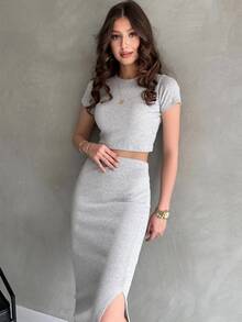 OYGA 2pcs/Set Summer Casual Solid Cropped T-Shirt And Split Hem Skirt Set - Grey - View 4