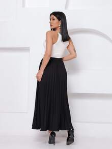 LXC Women's Pleated Skirt, Women's Vintage Midi Skirt, Elegant High Waist Long Skirt, Simple, Casual, Pleated, Office, Wedding - 黑色 - 查看 6