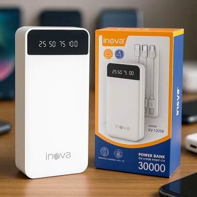 Carregador Portátil Power Bank 30000mAh com 3 Cabos (Micro-USB, USB-C e Lightning)