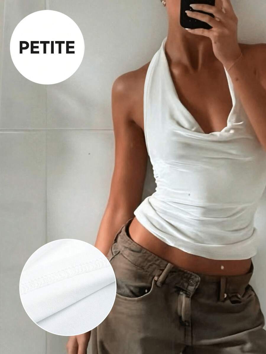 Women Petite Simple Solid White Spaghetti Strap Tie Strap Camisole Top - White - View 1