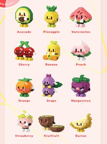 Set de 4213 piezas de bloques de construcción de frutas encantadoras - Aguacate, Sandía, Melocotón, Durian, Cereza, Kiwi, Fresa, Arándano, Rambután, Mangostán, Naranja, Plátano; Bloques de construcción educativos creativos de comida realista para decoración del hogar, regalo de cumpleaños